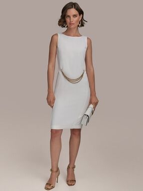 Donna Karan White Sleeveless Sheath Dress with Gold Chain Accent